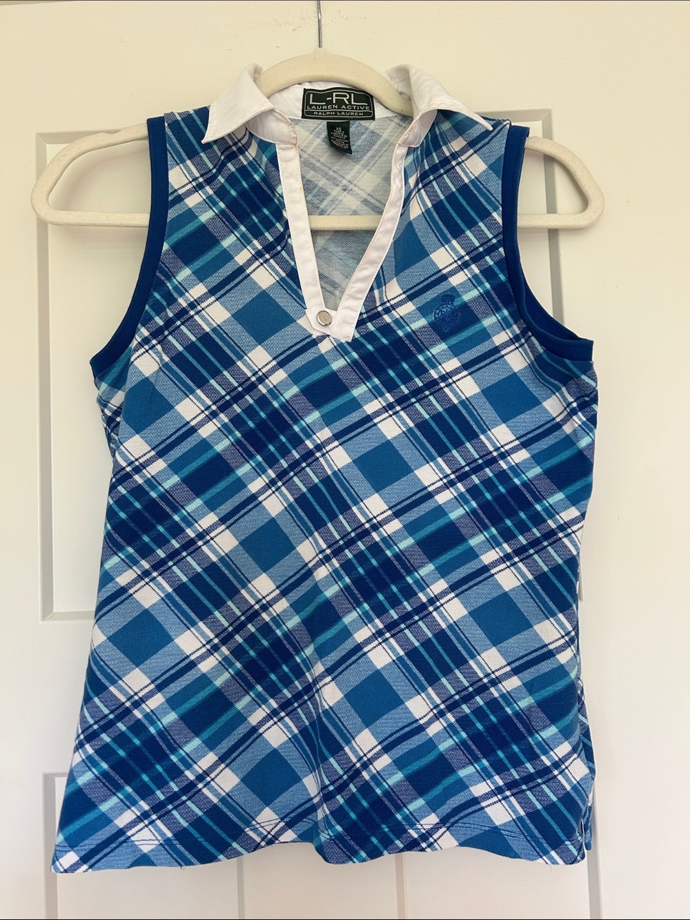 Lauren Ralph Lauren Blue & White Plaid Sleeveless Polo Tank